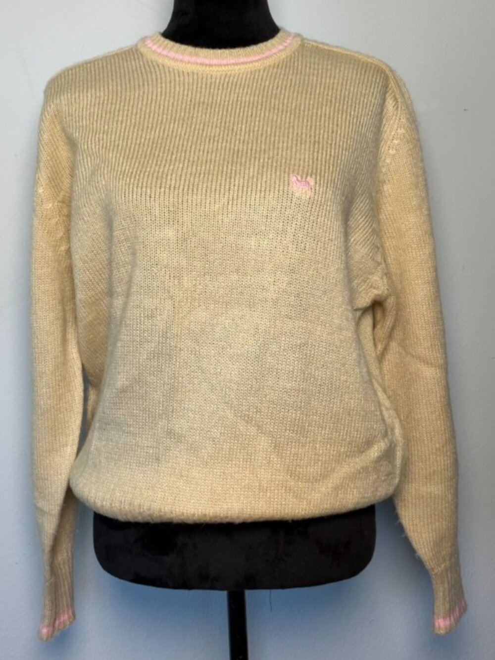 Vintage Golden Wings Cream Pink Trim Knit Sweater Crewneck Coquette 70s 80s